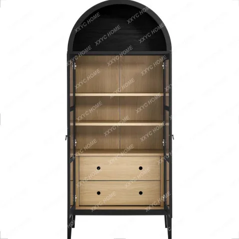 LHigh arched storage display cabinet, black oak with drawers modern and convenient