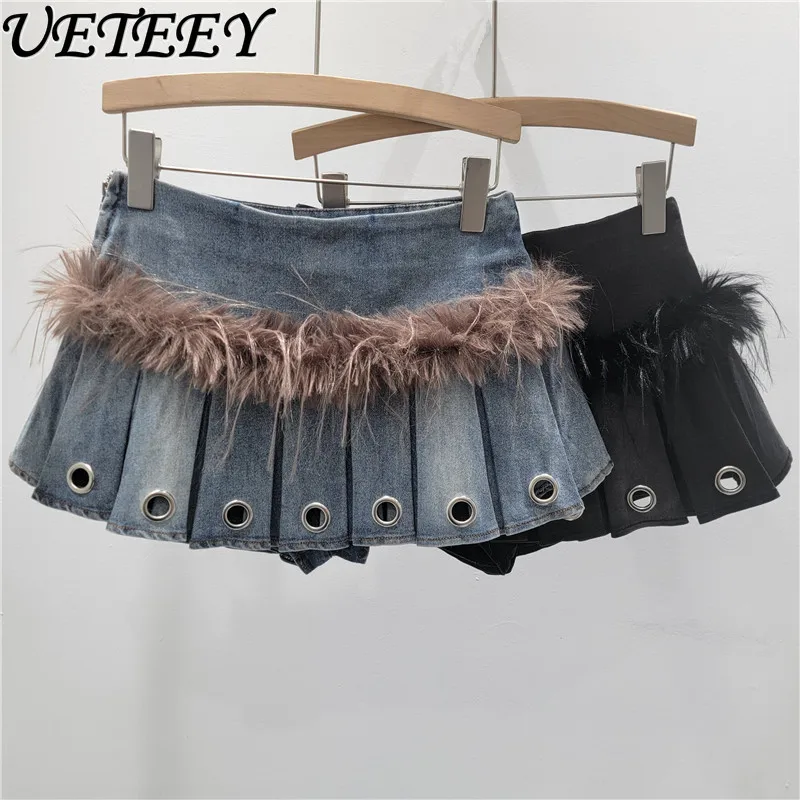 

Autumn Winter New American Style Spicy Girl Furry Patchwork Design Pleated Short Skirt Fashion Women A-line Denim Mini Skirts