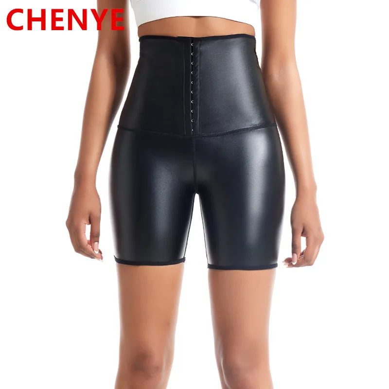 Body Shapers Women's High Waist Comfy Faux Leather Leggings Tights Stretchy Pleather Pants Waist Trainer 3-hook Shapewear shorts