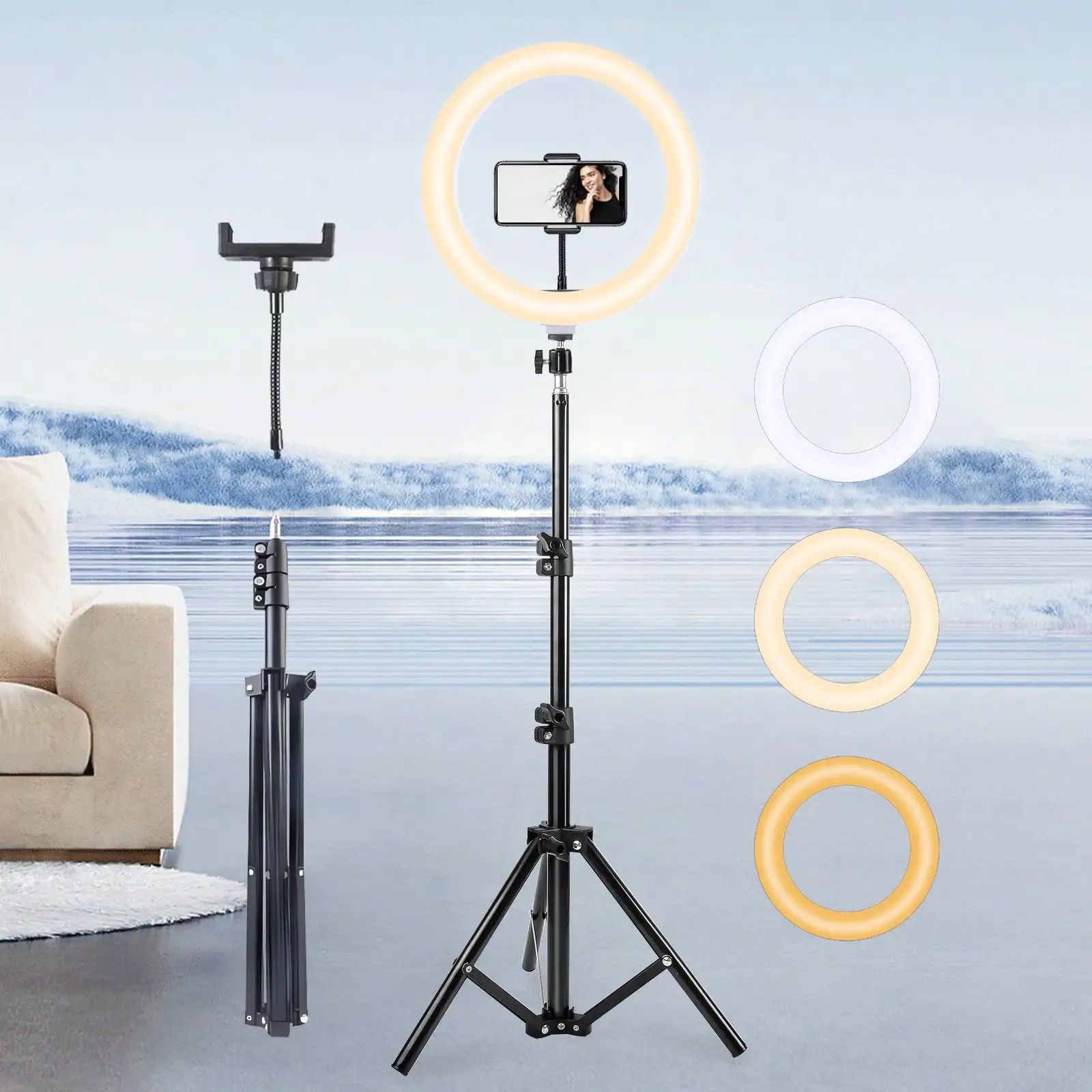 

doSky 43,3-дюймовый комплект кольцевых светильников для селфи — штатив/держатель для телефона, 3 цвета, 10 яркости, USB, PP для макияжа/фото/видео