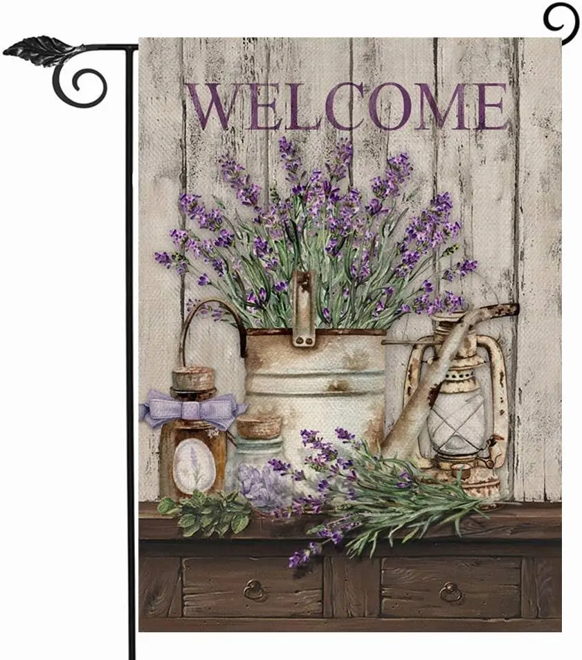 Hzppyz Welcome Spring Summer Garden Flag Lavender Flower Bucket, Decorative House Yard Lawn Outdoor Small Burlap Flag Lantern De