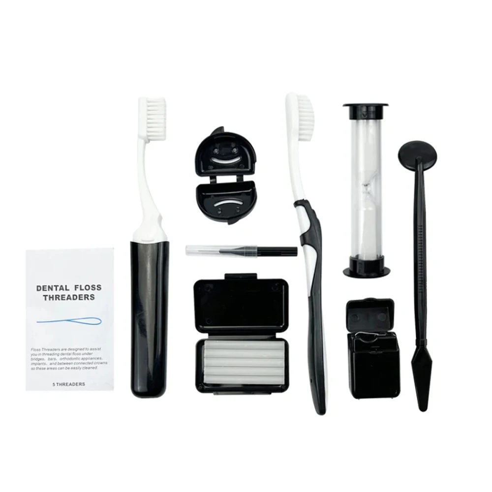 8 pçs/set kit de limpeza ortodôntica dental para fio dental cera dobrável escova de dentes kit de limpeza de cuidados orais viagem kit dental