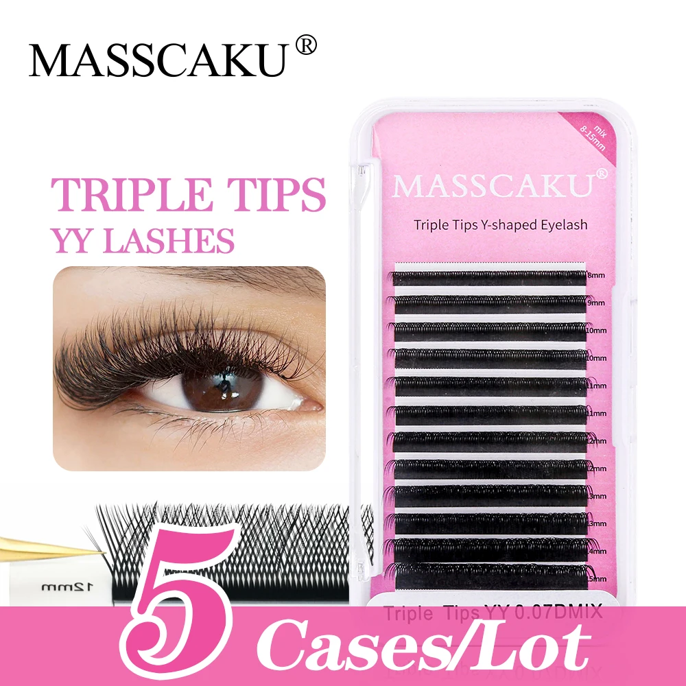 

5cases MASSCAKU YY Three Tips Eyelash Extensions Natural Soft Premade Triple Root False lashes y-shaped 0.07mm L-curl lash