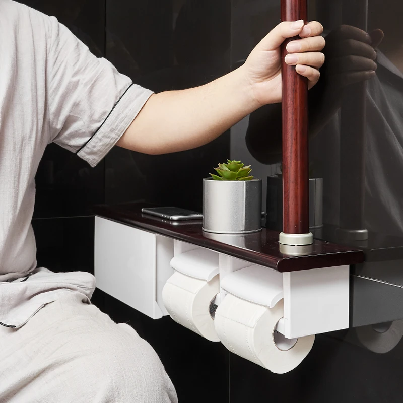 Rosewood Tissue Holder Toilet Tissue Box Toilet Paper Roll Holder Tissue Box with Safety Armrest Storage Rack