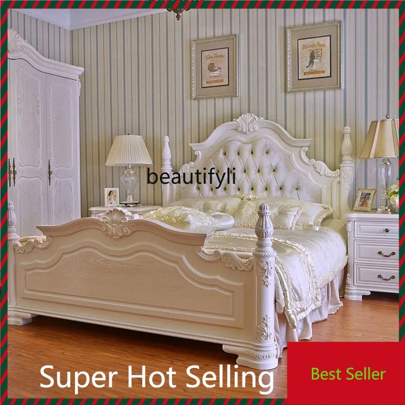 

QQ132 European-Style Solid Wood Double Bed Princess Modern Minimalist 1.8 M 1.5 French Carved Marriage Bed Master Bedroom