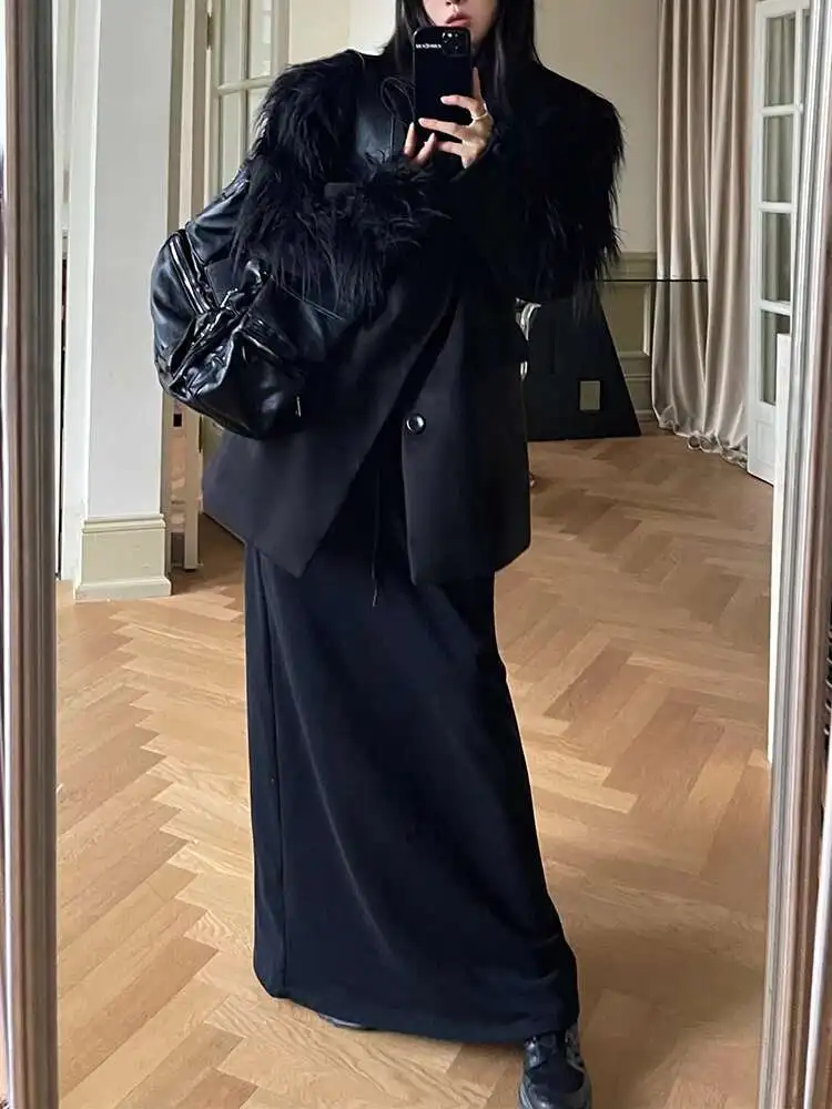 ZMEENNA Langarm Patchwork Faux Pelz Woolen Frauen Mantel 2024 Herbst Winter Mode Vielseitig Temperament Designer Anzug Jacke