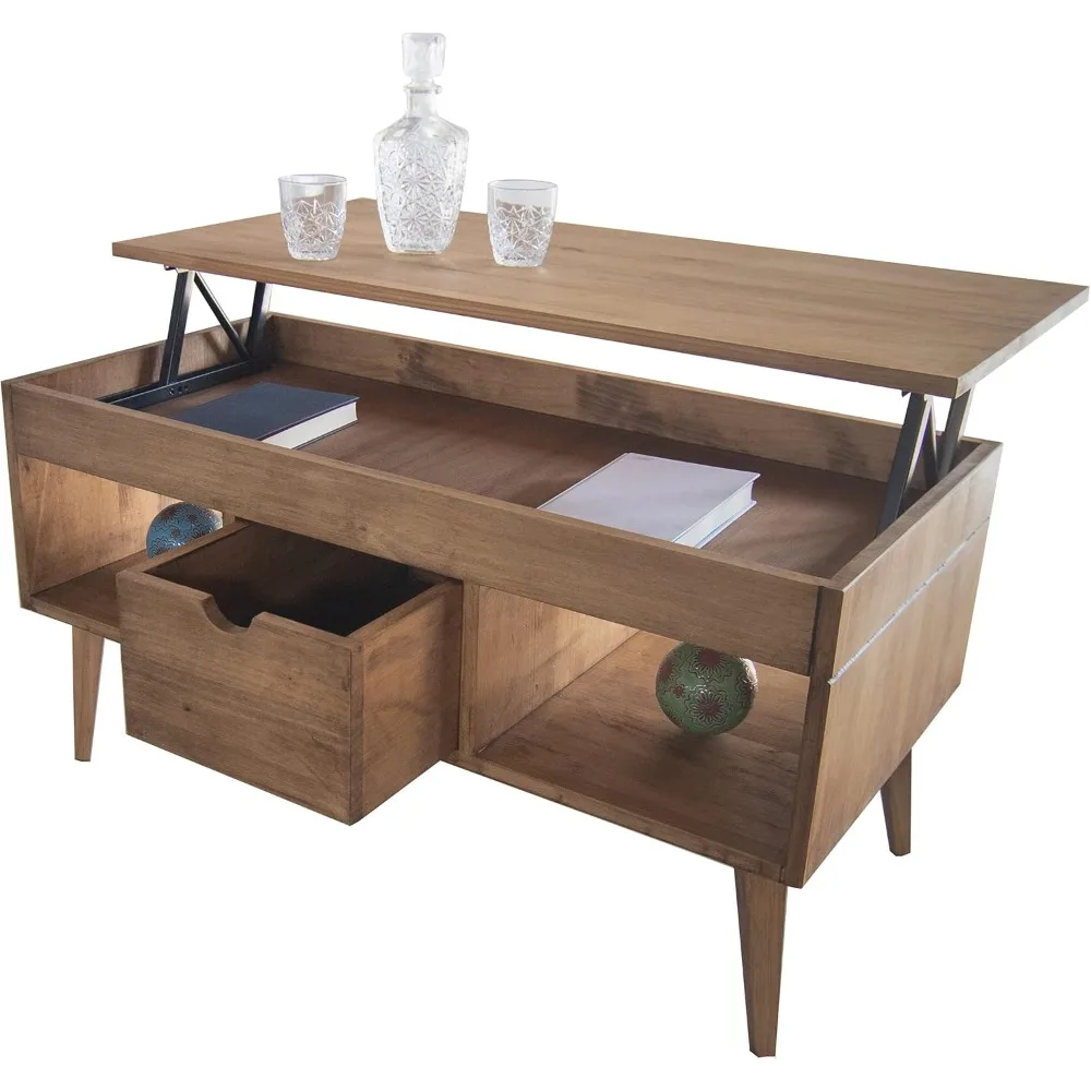 طاولة قهوة لرفع نموذج كارلا مع درج منزلق مركزي، خشب الصنوبر الصلب الطبيعي في الخشب المشمع، أرجل مدببة #6