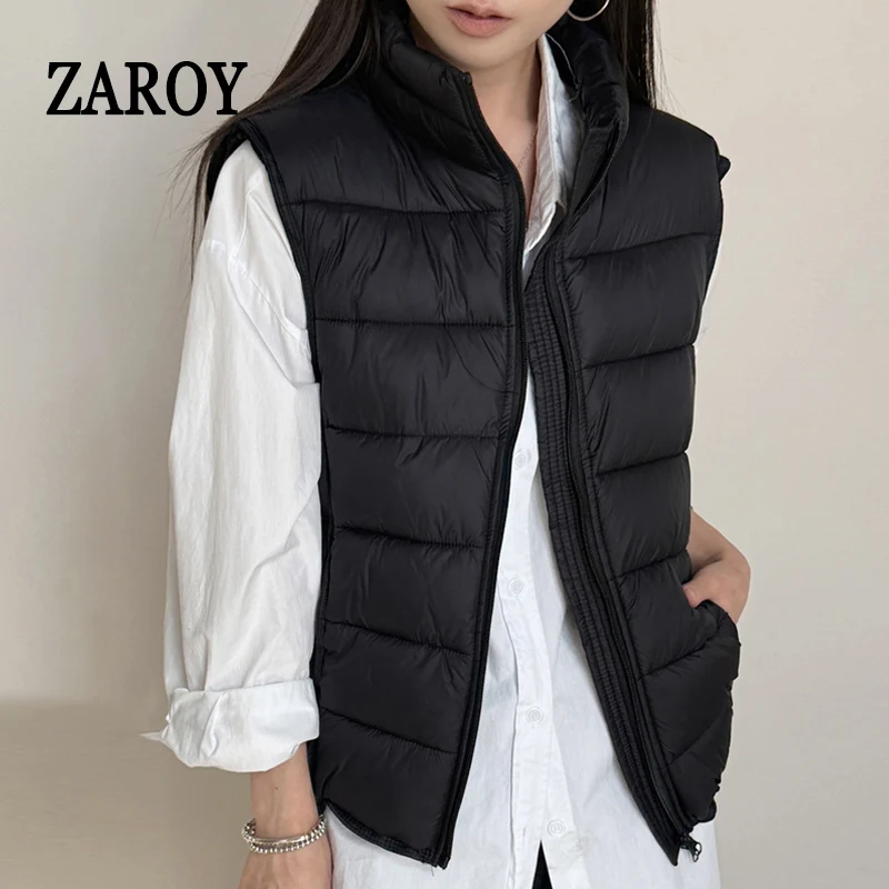 ZAROY Solid All-match Women Vests Jackets Autumn Winter Tops Casual Stand Collar Sleeveless Parkas Warm Cotton Waistcoat Coat