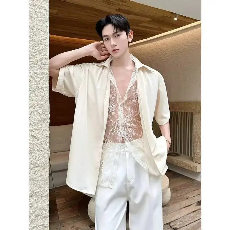Men's Short Sleeve Shirt Trendy Design Seethrough Lace Stand Collar Faux Two Piece Patchwork Design Summer Tops WE1F