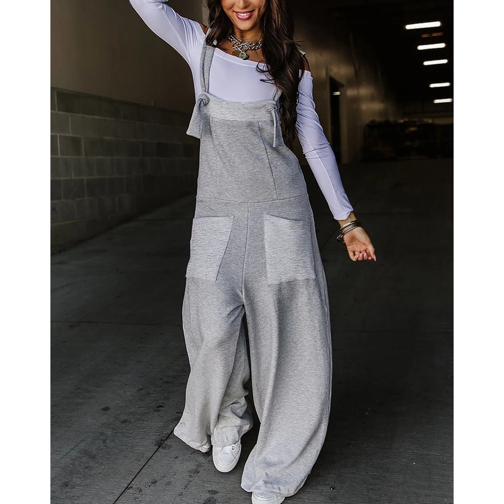 

2023 Women Pocket Front Wide Leg Overalls Normcore Suspender Loose Jumpsuts Robe Femme Minimalist Cross Pants Casual Clothing