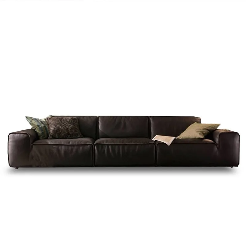 Italian minimalist sofa, high-end light luxury creative big black cow designer leather