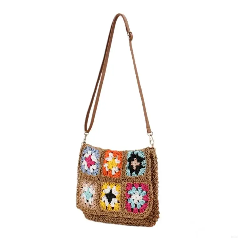 D46C Women Beach Vacation Crochet Crossbody Bag Vintage Woven Flower Shoulder Purse