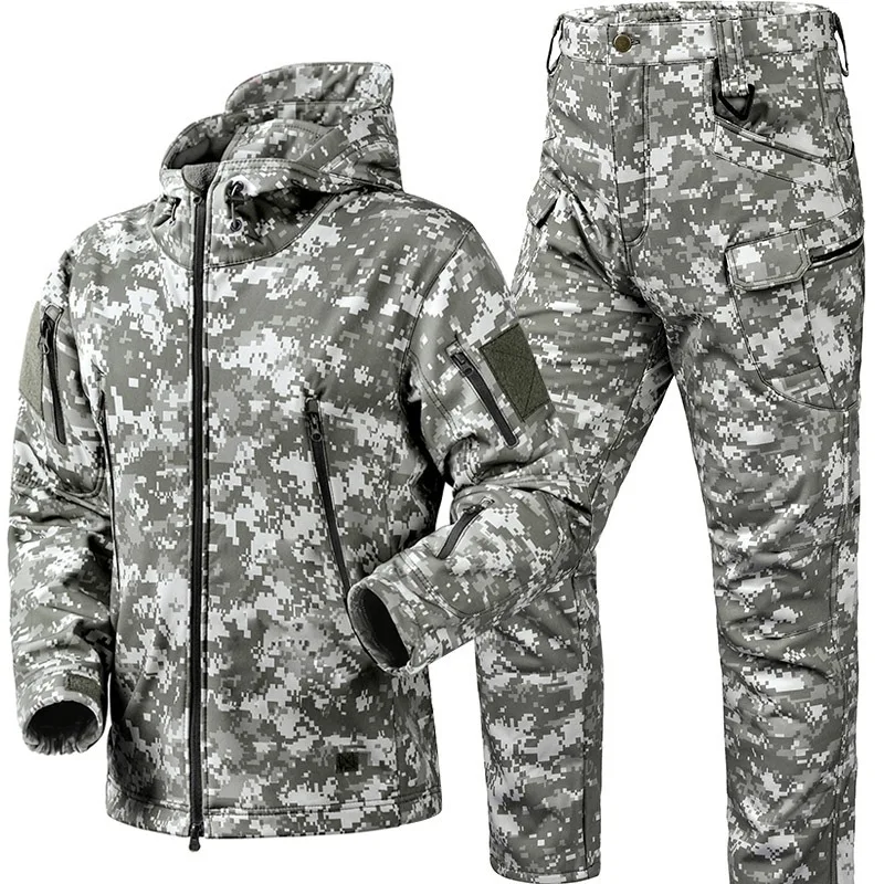 Novo inverno engrossar terno camuflado masculino à prova dwaterproof água conjunto de treinamento tático multi-bolso com capuz jaqueta calças de lã caça ao ar livre 2 peças