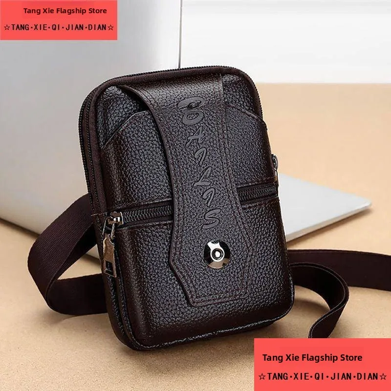 

Men's Top Layer Cowhide Leather Phone Waist Bag Crossbody Outdoor Sports Bag with Belt Casual Sle Waterproof Inner