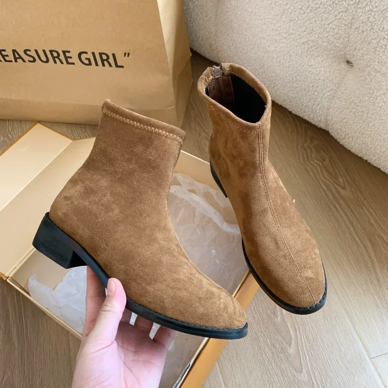 

Cow Suede Ankle Modern Boots Women Square Toe Women's Shoes on Sale 2024 New Mid Heel Solid Concise Women's Boots botas