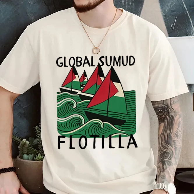

Peace Global Sumud Flotilla Unisex Casual Printed T-Shirt Crew Neck Short Sleeve Cotton Top All Seasons Fashion Soft Short-sleev