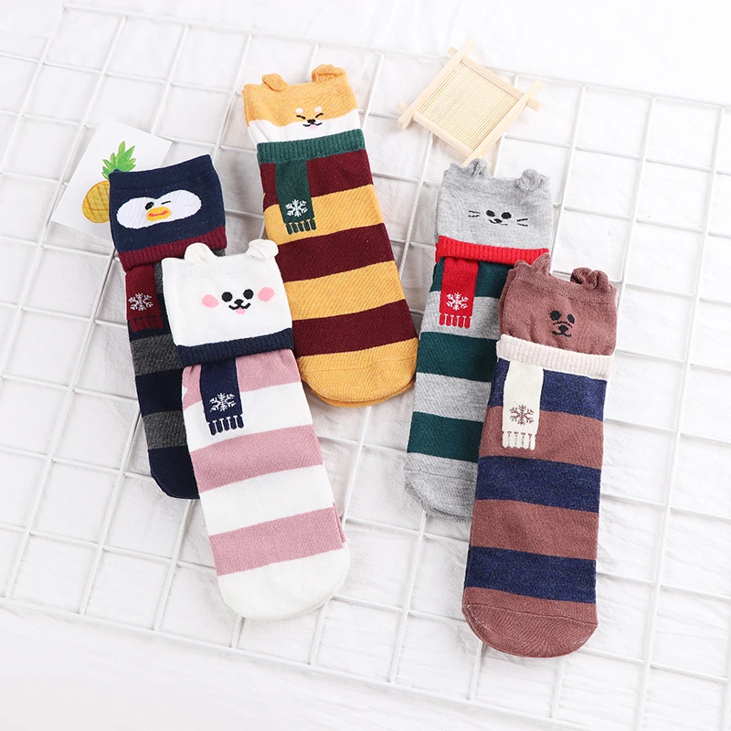 Kawaii Women Crew Socks Cartoon Cute Animal Cat Dog Bear Penguin Striped Spring Autumn Comfortable Female Casual Mid Tube Socks