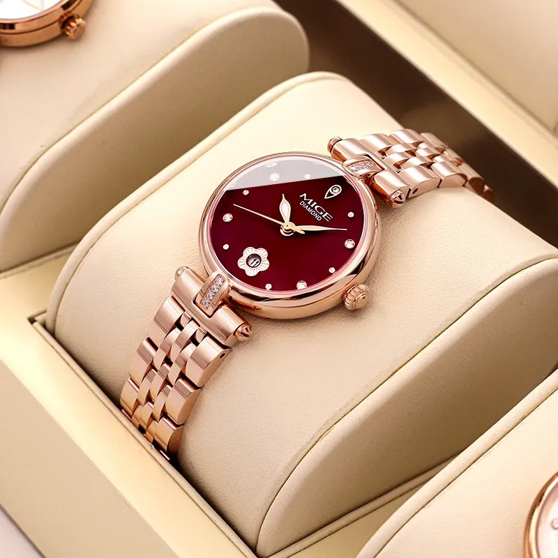 MIGE Women Quartz Watch Rose Gold Stainless Steel Band Red Dial Diamond Date Ladies Wristwatch Elegant Female Clock