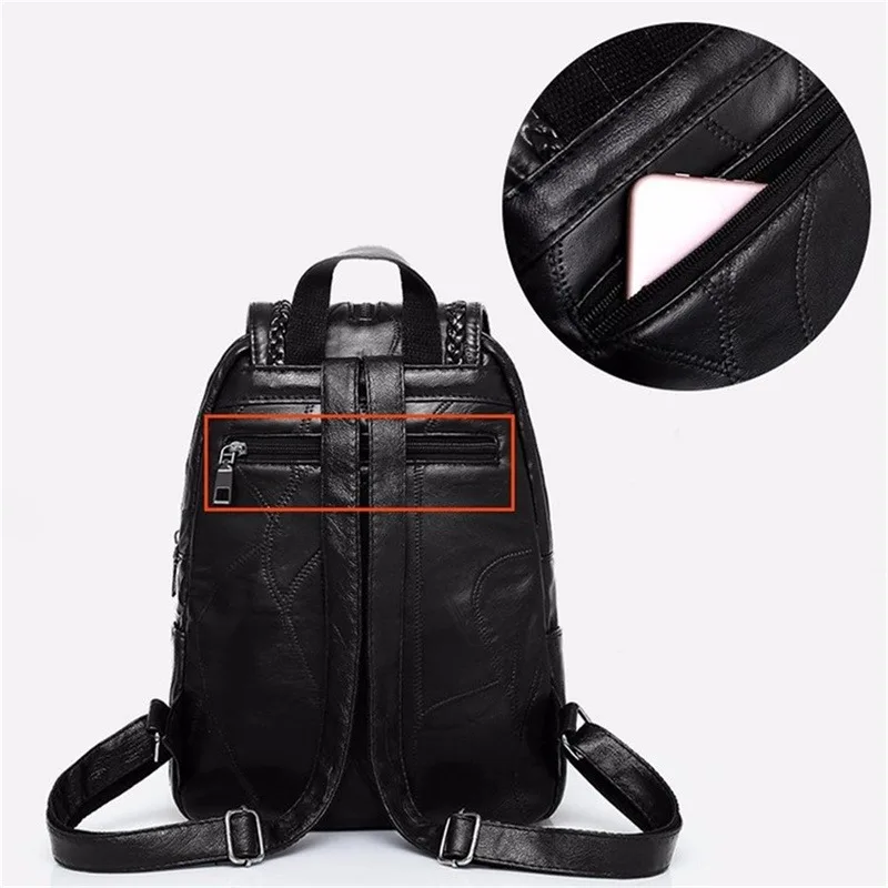 Women  Leather Backpack School Bag Classic Black Waterproof Travel Shoulder Bag Multi-function Backpack Women