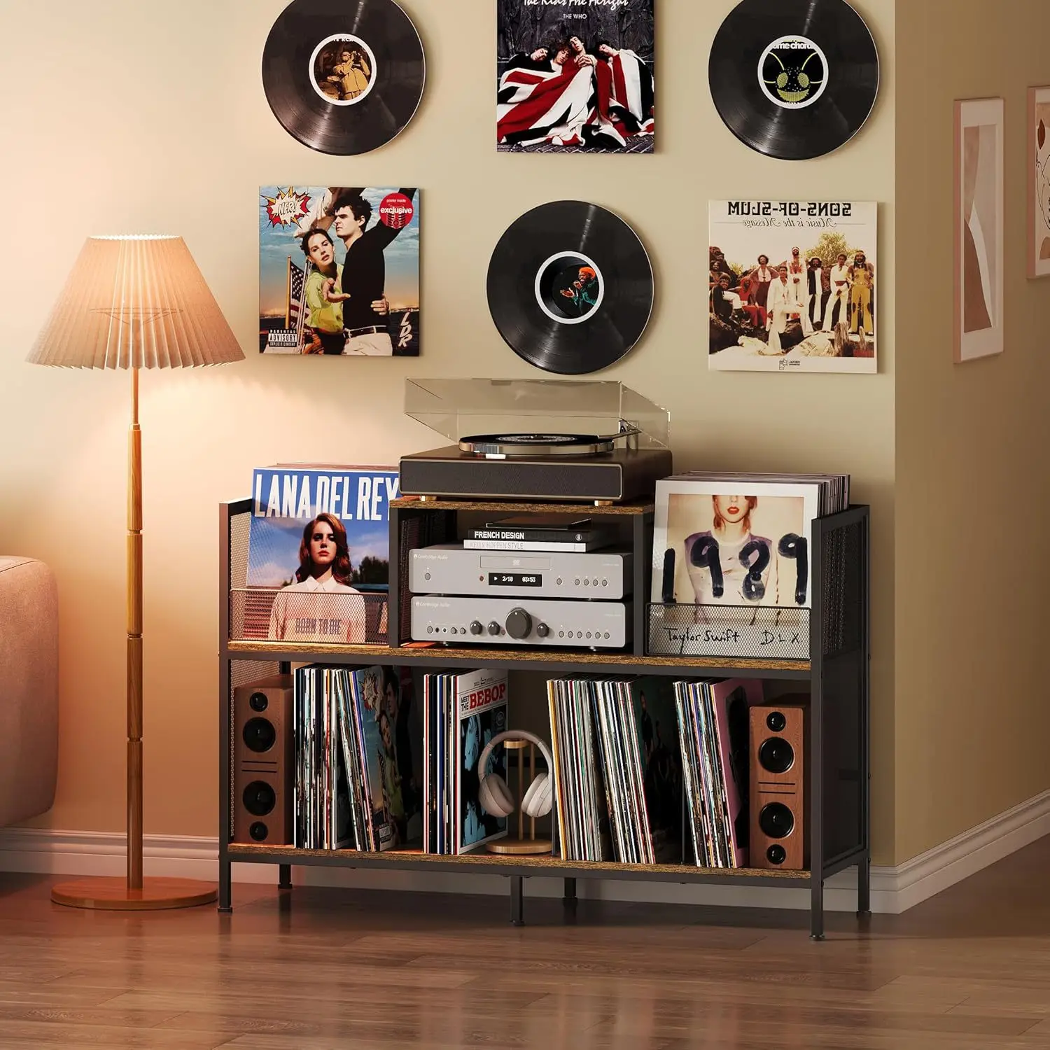Cross-border supply, bilateral record player table, coffee, vinyl record rack, iron and wood combined record storage rack, retro