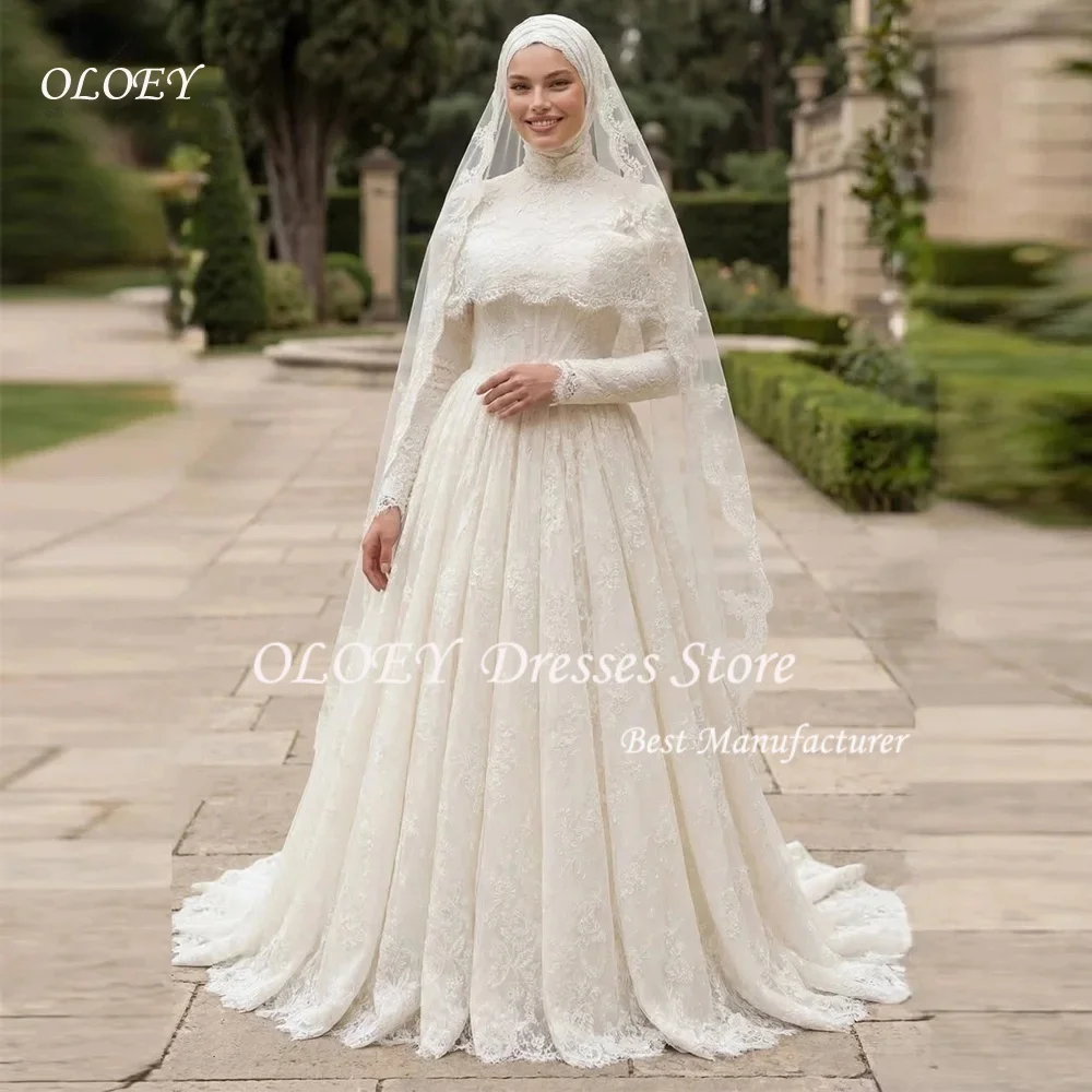 OLOEY 2026 Muslimisches Spitzen-Applikationen Brautkleid mit Charmanten Perlen, A-Linie, Langen Ärmeln und Falten, Maßgeschneidertes Hochzeitskleid