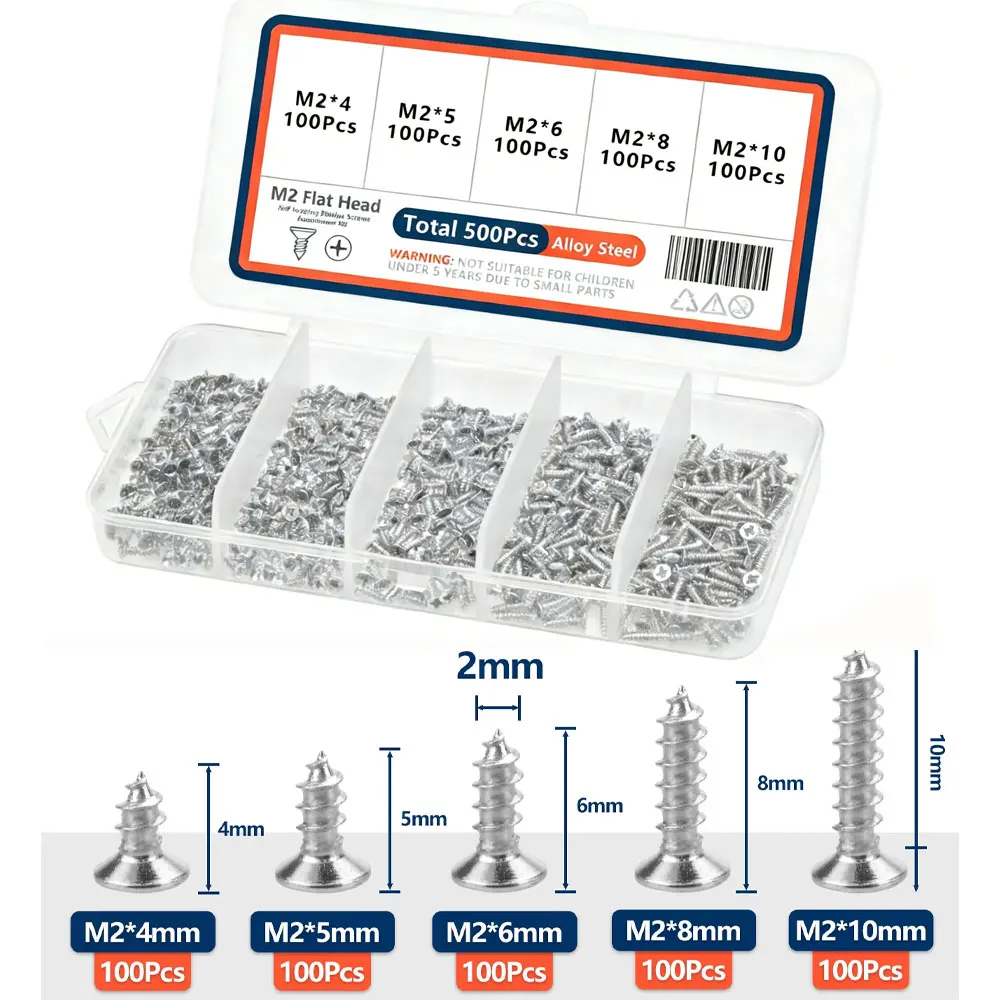 500pcs  Small machine screws - M2mm Thread, with Flat Head, Nickel Plated - Heavy-Duty for Furniture, DIY, Automatio