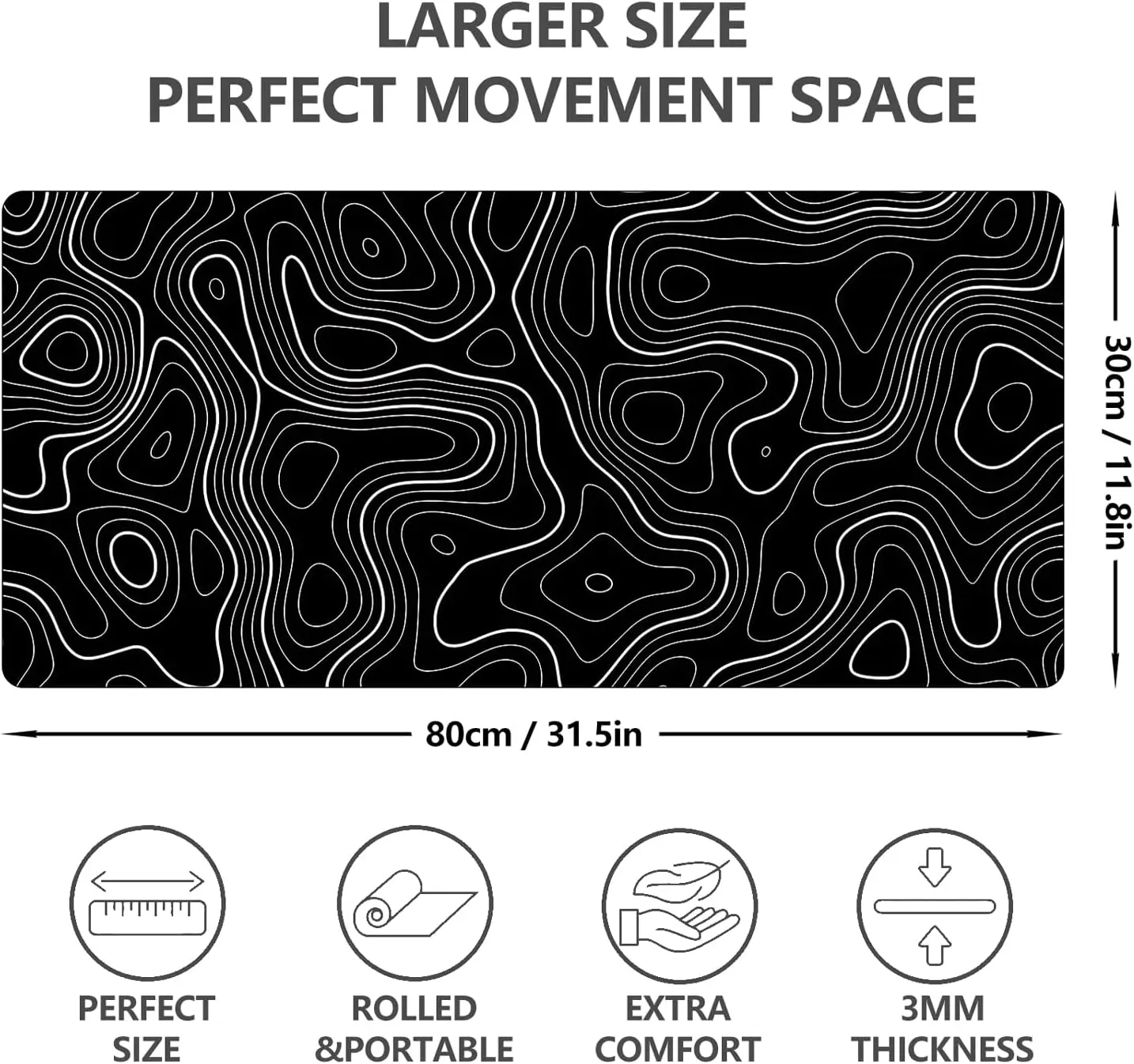 Black Mouse Pad Topographic Contour Gaming Mousepad Large Mouse Mats Desk Keyboard Desk Mat Computer Office Desk Pad Accessories