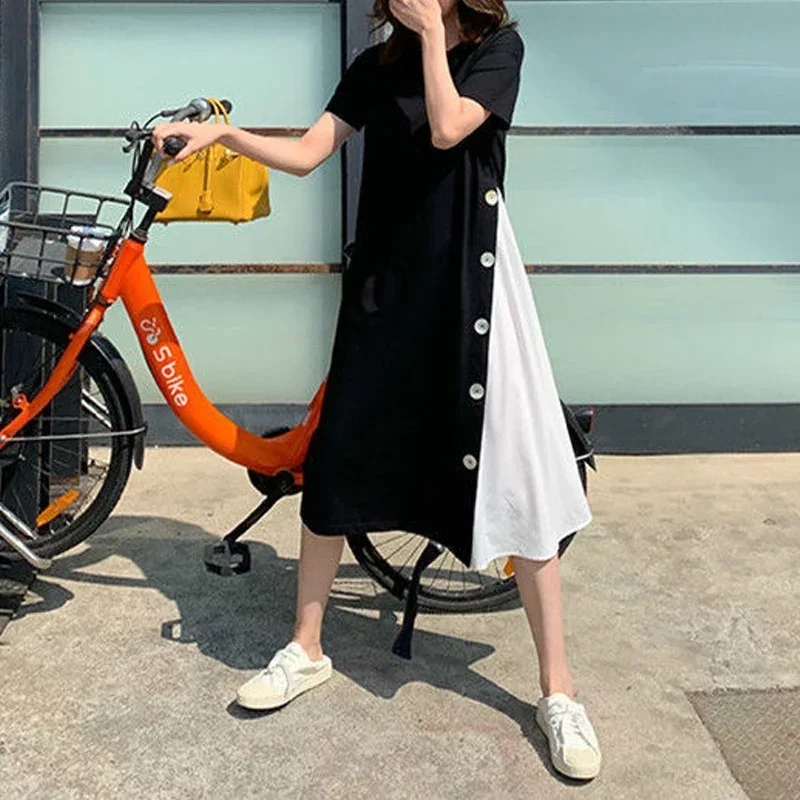 Robe d'été à manches courtes pour femmes, faux vêtements deux pièces, t-shirt à boutons, style coréen, document d'abonnés, patchwork