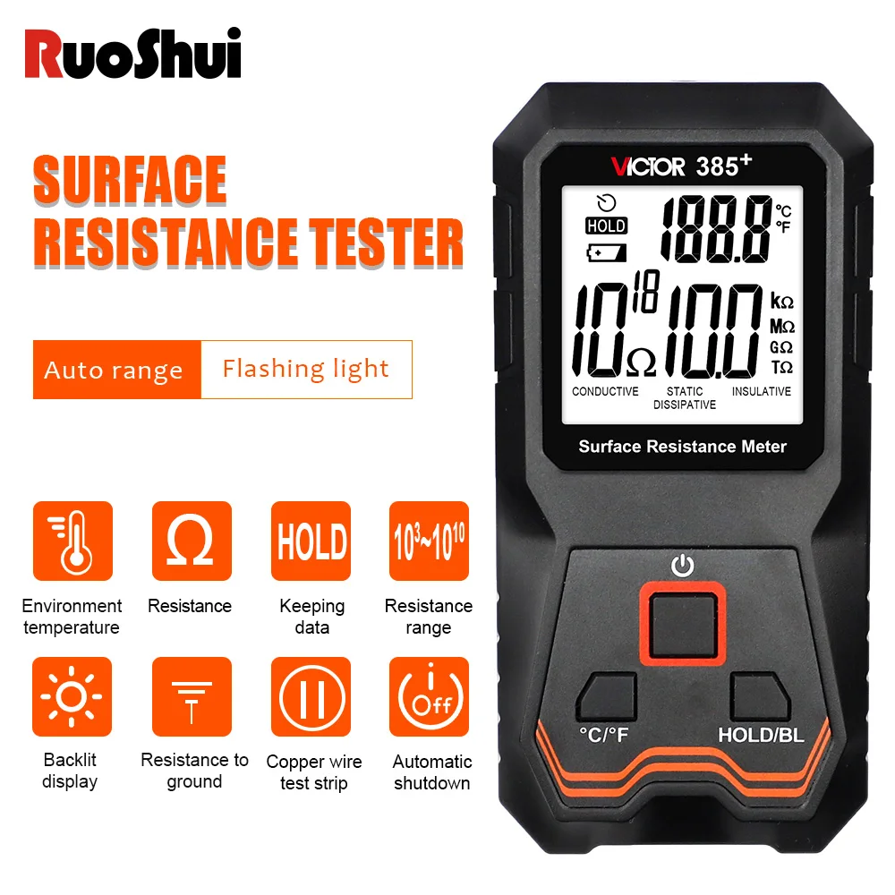 professional-surface-resistivity-tester-victor-385-esd-static-control-auxiliary-electrode-data-hold-°c°f-unit-large-backlit-lcd
