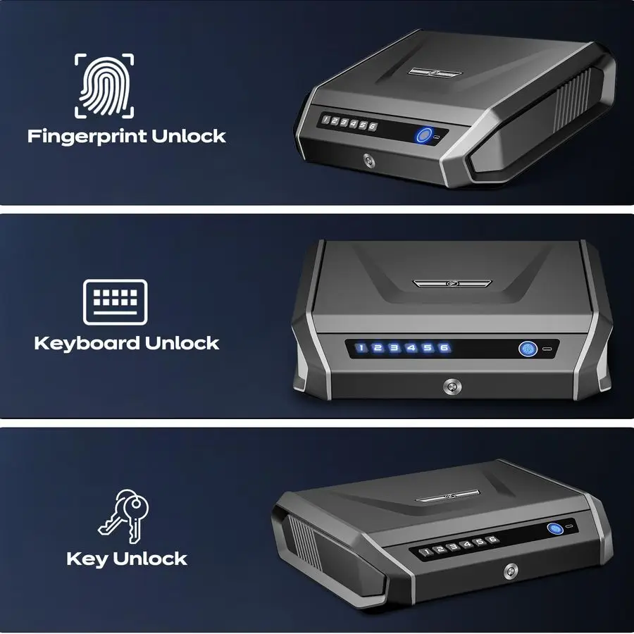 آمن مع شاشة LCD، مسدس وصول سريع 0.1 ثانية آمن لـ 24 مسدسًا، صندوق قفل مسدس اليد مع لوحة مفاتيح بصمة الإصبع وإعادة شحن المفاتيح