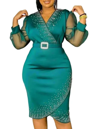 Imagen 2 del producto Vestido de noche rojo de lujo con cuello en V, cinturón de cuentas, linterna de malla, manga larga, Sexy, para fiesta, oficina, vestidos de invitados de boda para mujer