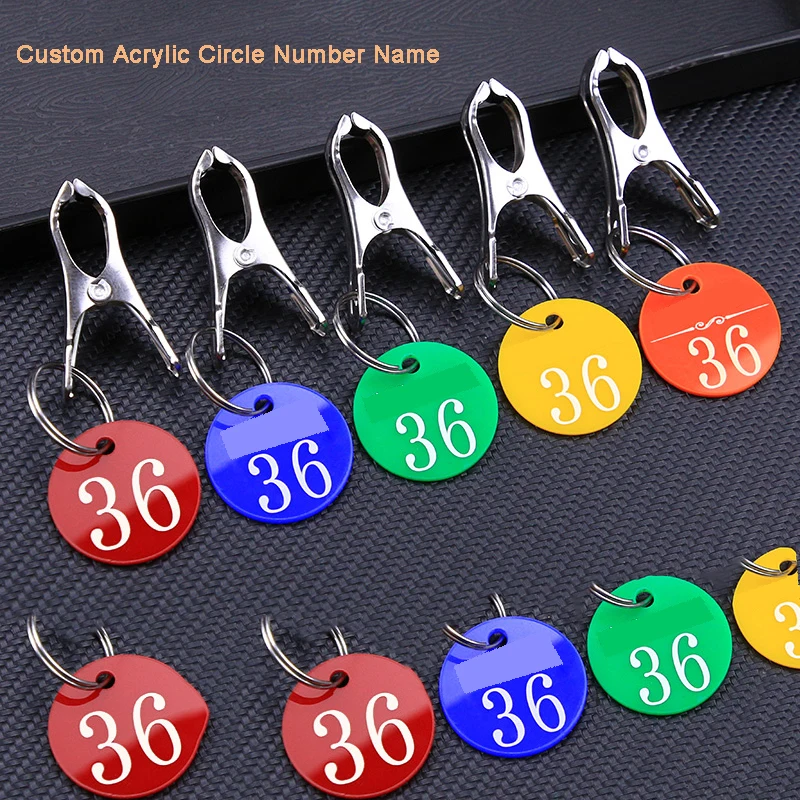 

Custom Color Acrylic Circle Personal Name Number Tag With Clip Acrylic Label Waterproof Name Customization