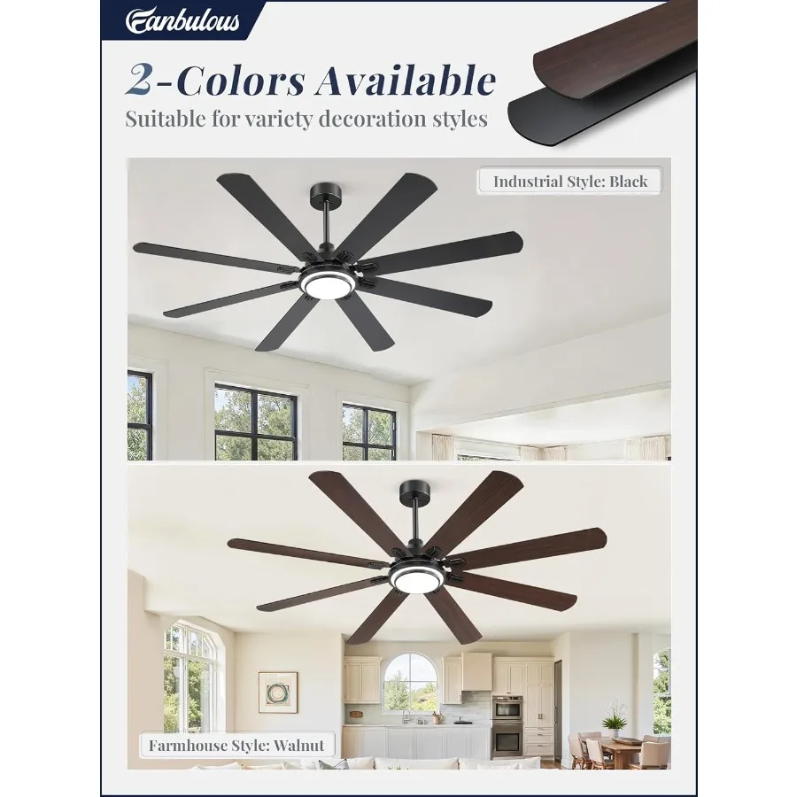 Ventilateurs de plafond de 72 pouces avec lumières et télécommande pour une utilisation intérieure et extérieure avec 8 pales double couleur, moteur à courant continu réversible, 6 vitesses