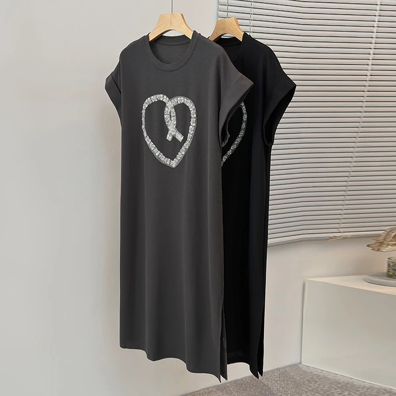 Vestido informal de algodón para mujer, camiseta de manga corta con perlas de amor, vestidos divididos, bata de moda para mujer, ropa grande 2023