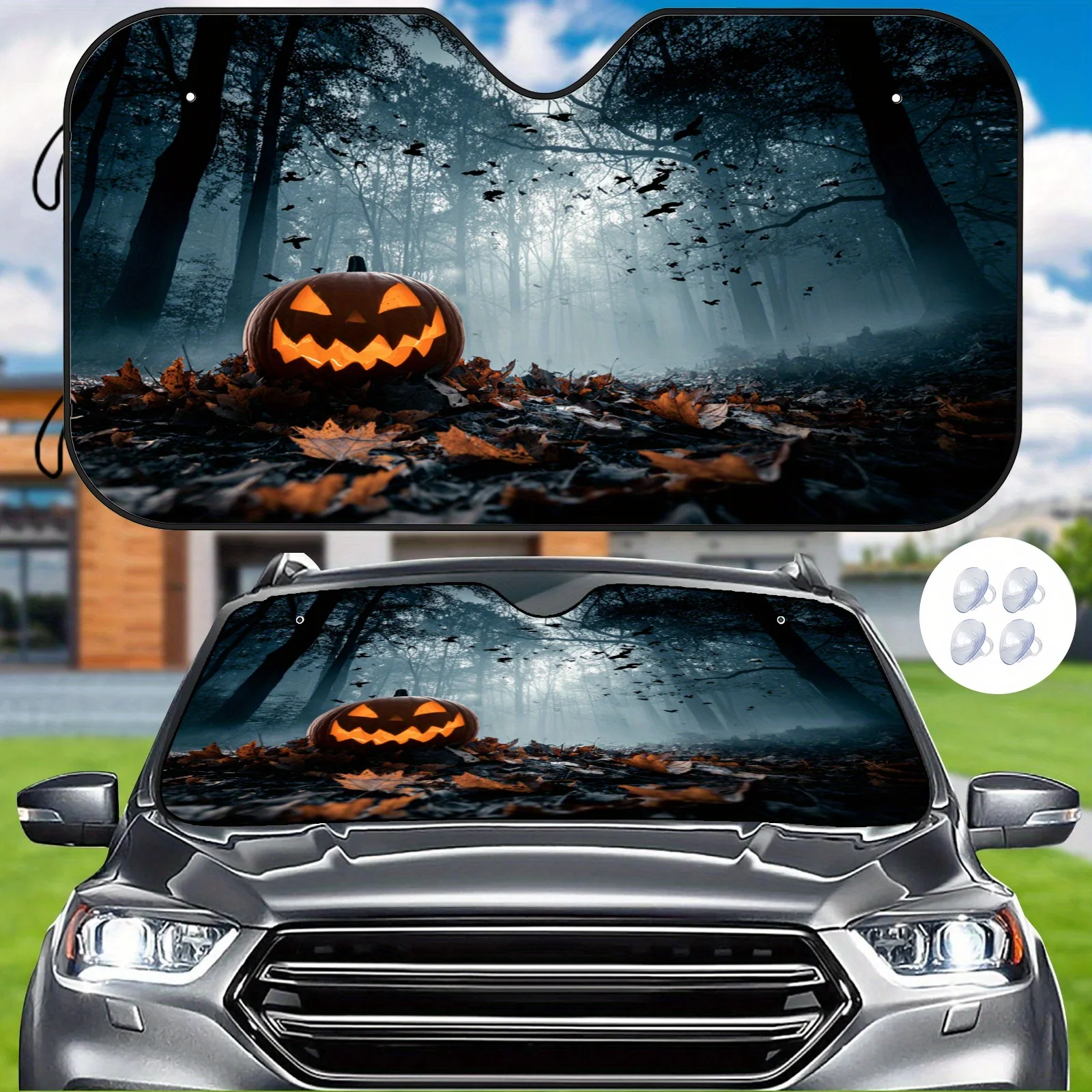 Halloween Pumpkin Night Forest Car Sunshade, Festive Atmosphere Design, Heat Insulation And Anti-Heat, Stable Interior Temperatu