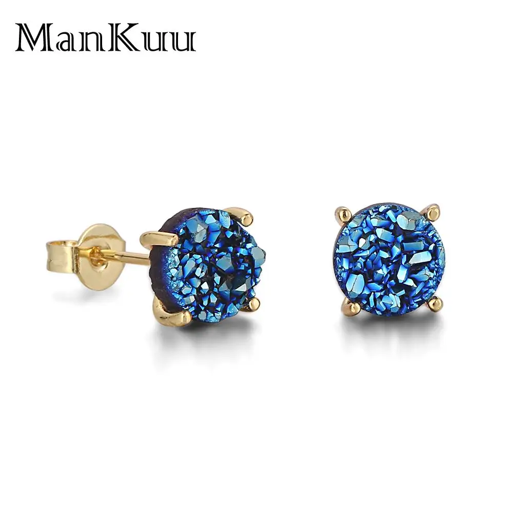 Mankuu Natural Druzy Crystal Stone 8MM Round Colorful 925 Sterling Silver Claw Stud Earrings For Women Men Gifts