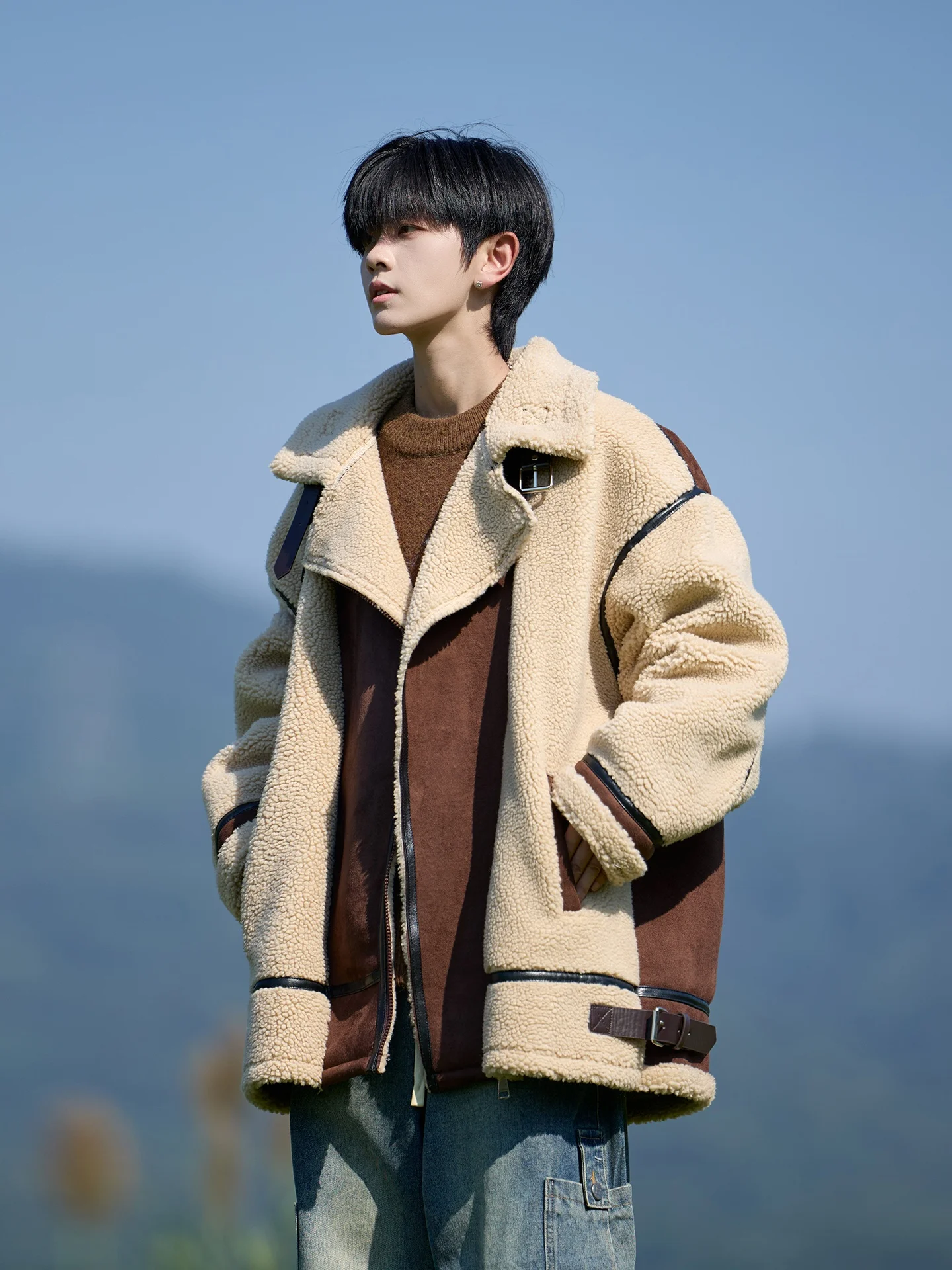 

Retro American Lamb Fur Spliced Leather Cotton Jaet Men's Winter Thiened Version Faion Brand Cotton Coat Youth Casual