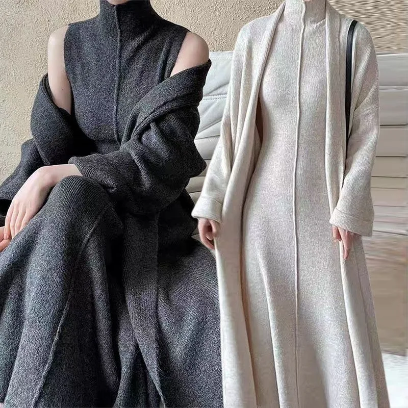 

Lazy Wind High-end Sense Autumn and Winter Whole Set of Temperament Sleeveless Knitted Dress Long Knitted Cardigan Two-piece Set