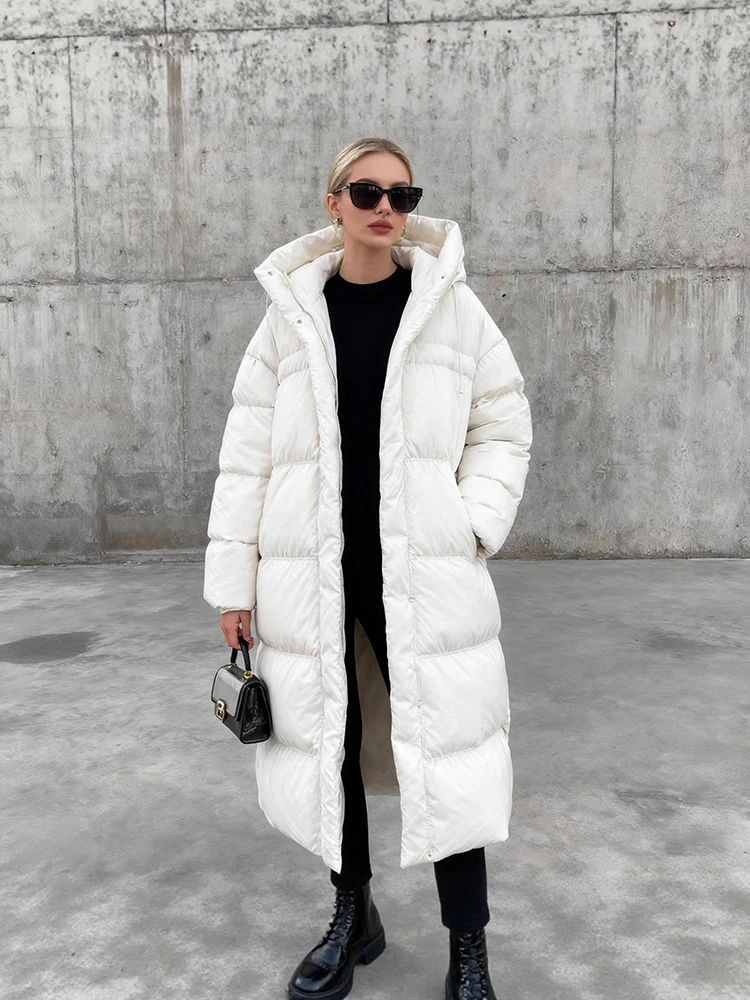 

Winter Long Hooded Thicken Down Jacket Female Waterproof Warm Zipper Outwears Women White Duck Down Knee Length Parker Jackets