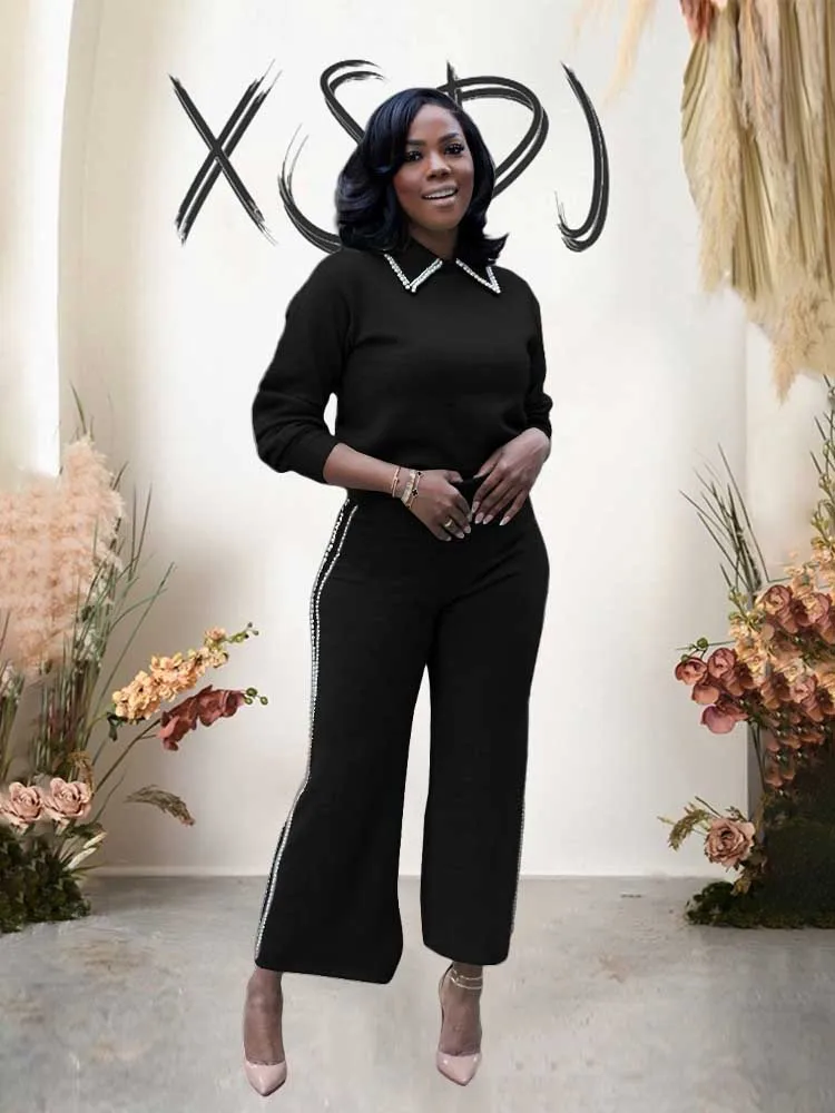 

Женская одежда из двух предметов, осенний топ с длинными рукавами и брюки с жемчужной стороной, элегантные однотонные наряды, оптовая продажа, дропшиппинг