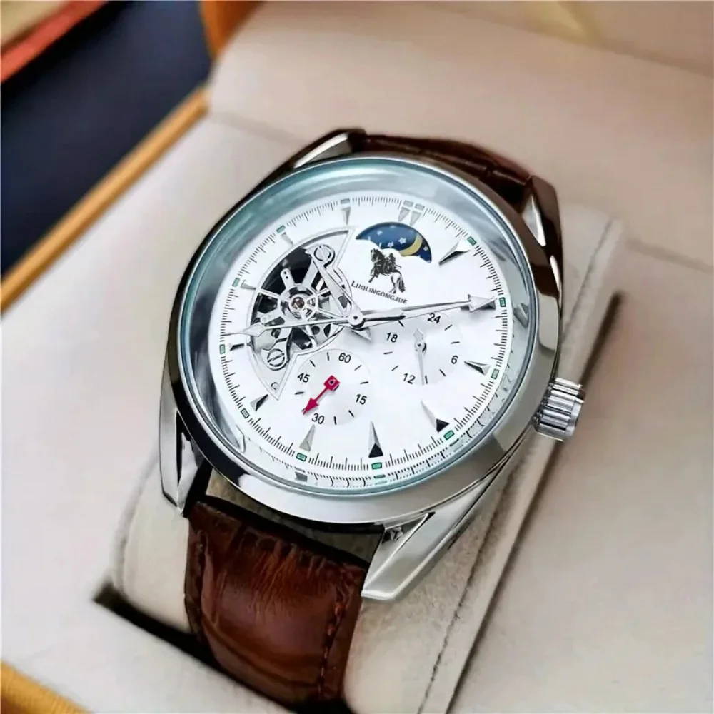 [Cool Men's Automatic Mechanical Watch] Men's Automatic Mechanical Watch, Semi-Spherical Design, High Aesthetic Value, European and American Style, High-End Feel, Light Luxury, Fashionable, Business Casual, Versatile, Stylish Trendy Men's Watch, Cool and Popular Men's Watch, Moon Phase Display, Skeleton Design, Suitable for Various Occasions