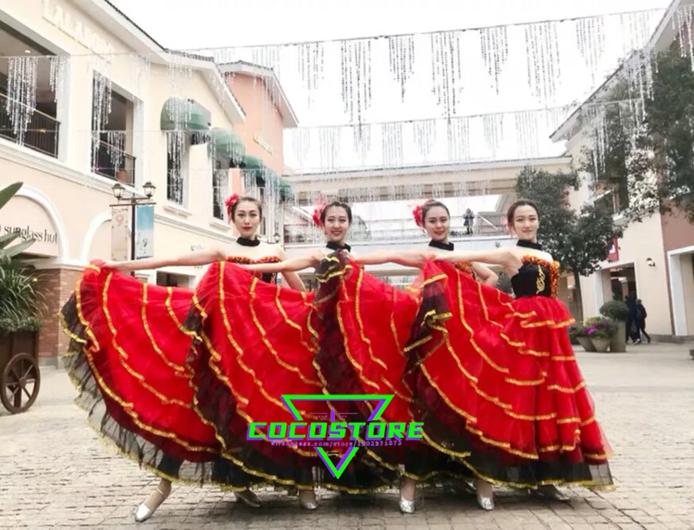 Cigano feminino espanhol flamenco saia dança do ventre espanhol palco desempenho dança terno trajes de dança do ventre vestido Saia grande Saia de Dança Espanhola  Saias de desempenho