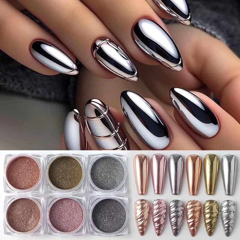 Polvo de uñas cromado dorado, plateado y rosa, espejo metálico de lujo, pigmento para frotar, polvo Y2K, hermosa decoración artística de uñas, 6/12 Uds.