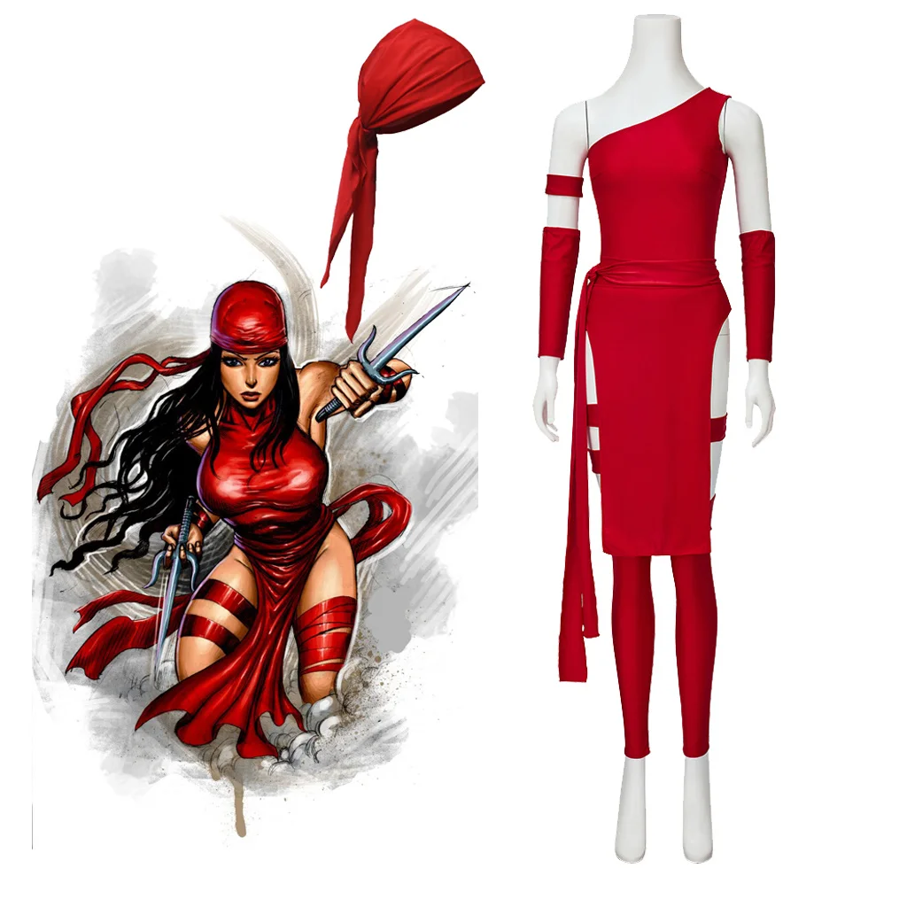 Anime Elektra Natchios Cosplay Costume Dress With Headgear Women Halloween Party Superhero Elektra Costume Sexy Red Outfits