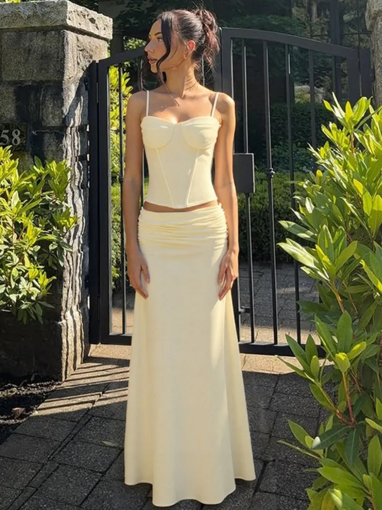 

Blifanbo Элегантная длинная юбка, комплект из 2 предметов, женский желтый жилет на тонких бретельках, топ и модная юбка, одинаковый комплект женской одежды