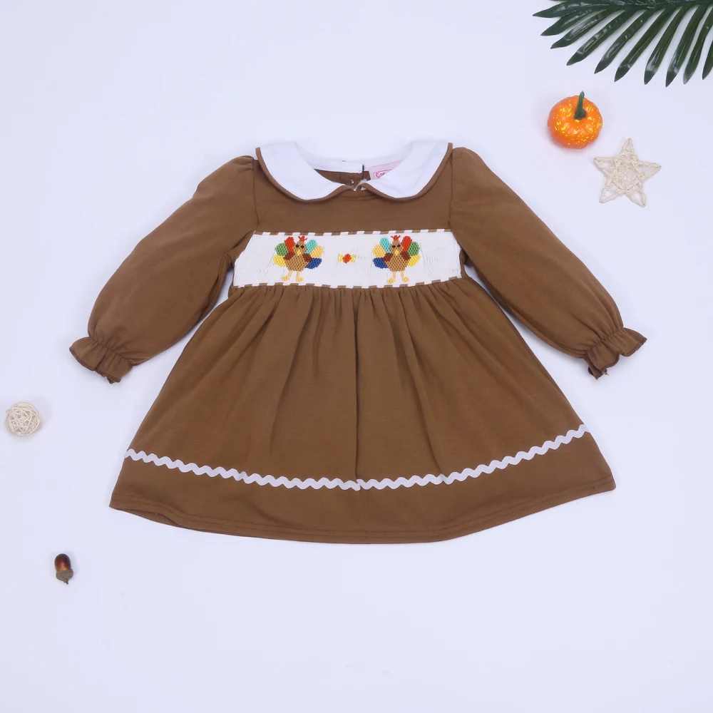 Baby Girl Clothes Cotton Smock Dress Autumn Winter New Style Beautiful Turkey Embroidery One Piece Pretty Brown Dress For Girls