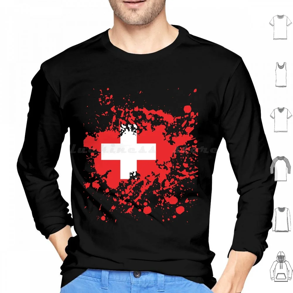 Switzerland Flag Ink Splatter Hoodie cotton Long Sleeve Switzerland Flag Ink Splatter Cool Modern Stylish Patriot