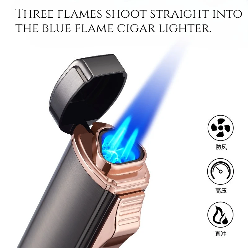 

Three Straight Cigar Lighter Windproof Blue Flame Outdoor Fire Portable Gas Lighter High-end Men's Gifts Cigar Accessories