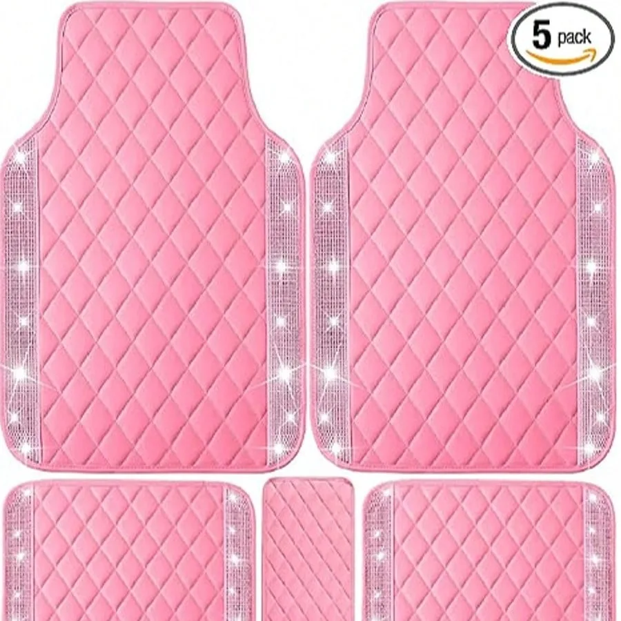 5pcs Pink Shining Leather Car Floor Mat Complete Set, Shining Diamond Car Mat Universal Suitable For Most Cars, Shining Water Diamond Carpet Waterproof And Anti Slip, 5-Piece Set (Black Leather Silver Diamond)