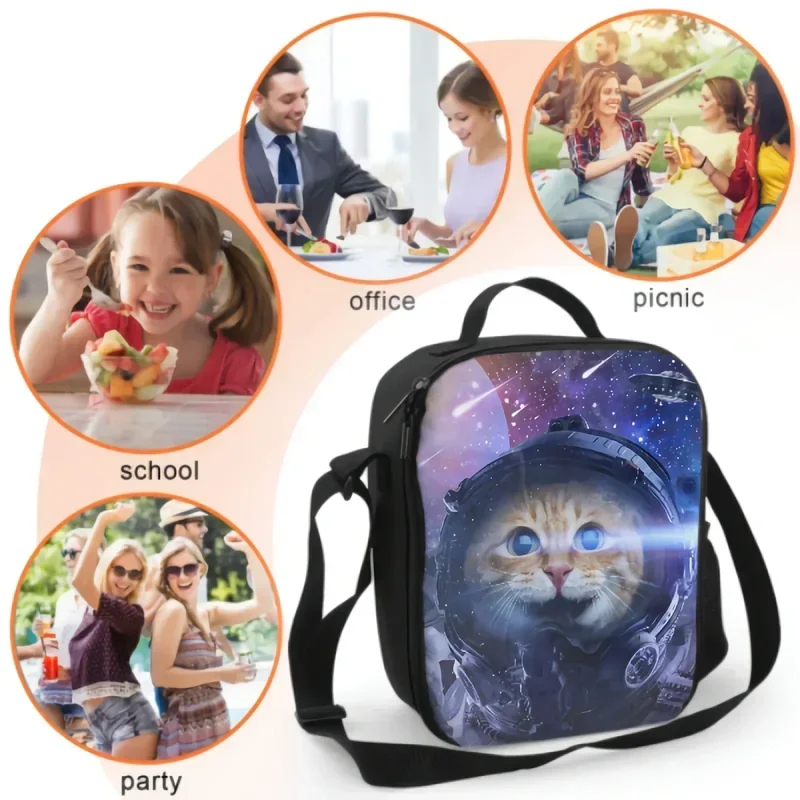 Cat Travel In Fantasy Galaxy Insulated Lunch Box Kitten Spaceman In Outer Space Tote Bag Food Container for Boys Girls School